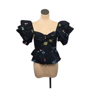 Hofmann Copenhagen Blouse‎ Womens 38 Embroidered Puff Sleeve Mikaela Peplum Top